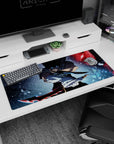 Artistic 36x16 inches mouse pad featuring Solo Leveling design, with glowing blue eyes, dual blades, and flying icy shards for an intense, dynamic battle effect.