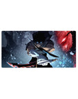 Mouse pad featuring Solo Leveling design, 32x16 inches, with Sung Jin-Woo’s glowing blue eyes and dual blades surrounded by icy and fiery energy for raw power.