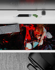 Striking 36x16 desk pad highlights Oda Nobunaga's intense pose and fiery aura in stunning artistic detail