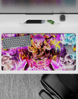 Spell-slinging anime mouse pad 32x16 inches in violet, gold, and icy blue with neon magic rings.