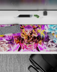 36x16 inches extended mouse pad in neon violet, gold, and icy blue with chaotic spell-slinging vibes.