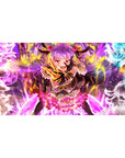 Anime girl desk pad 40x20 inches with purple-haired demon mage, frilly black-pink outfit, magic rings.