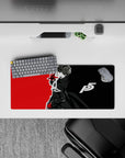 Anime mouse pad featuring Joker from Persona 5, 28x12 inches. Minimalist design with black, white, and red colors.