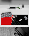 Anime mouse pad 32x12 inches featuring Joker from Persona 5, in black, white, and red, showcasing his iconic Phantom Thief pose.