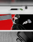 Desk pad featuring Joker from Persona 5 in a dynamic pose, with black, white, and red colors, size 36x16 inches.