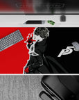 Anime desk pad featuring Joker from Persona 5 in iconic pose, 40x20 inches, with bold black, white, and red design.