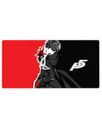 Anime mouse pad 32x16 inches featuring Joker from Persona 5 in iconic pose, black, white, red theme, Phantom Thief energy.
