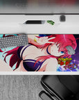 Rias Gremory from High School DxD Hero on a 36x16 inch desk pad, in a navy bikini, under a moonlit sky with fiery hair.