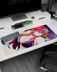 Rias Gremory from High School DxD Hero on a 36x16 inch anime desk pad, navy bikini, fiery hair glowing under a moonlit sky.