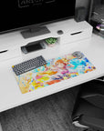 28x12 inches anime desk mat showing a winking orange-haired girl firing a cute water gun amid candy splashes.