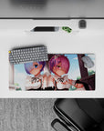 Mouse pad featuring Rem and Ram from Re:Zero, 28x12 inches. Pastel colors and detailed design, perfect for anime fans.