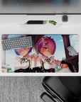Anime mouse pad 32x16 inches featuring Rem and Ram from Re:Zero in soft pastels; ideal for fans seeking a stylish desk enhancement.