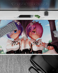 Anime desk pad featuring Rem and Ram from Re:Zero, 40x20 inches, with pastel colors and detailed design for fans.