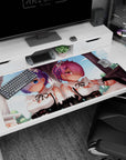 Rem and Ram 40x20 inches anime desk pad from Re:Zero, featuring soft pastels and harmonious blue and rose tones.