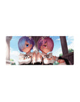 Rem and Ram anime mouse pad, 28x12 inches, features soft pastels and crisp lines from Re:Zero, perfect for a serene desk.