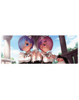 Anime mouse pad 32x12 inches featuring Rem and Ram from Re:Zero, soft pastels with blue and rose tones, elegant and serene.