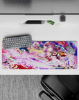 32x12 inches anime desk mouse pad in neon pinks and soft violets, dreamy festival vibe with falling petals.