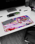 32x16 inches mouse pad featuring a silver-lavender haired anime girl under a fox mask ribbon, blade detail.