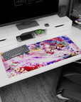 36x16 inches desk pad featuring silver-lavender haired anime girl, fox mask above, and blade detail.