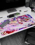 Silver-lavender haired anime girl under a fox mask and sakura swirl on desk pad 40x20 inches.