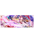 32x12 inches anime girl mouse pad with sakura petals, sunset castle glow, fox mask, and ribbon detail.