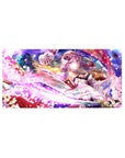 32x16 inches anime girl mouse pad with sakura petals, fox mask ribbon, and sunset castle background.