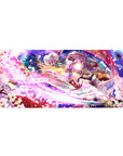 36x16 inches anime girl desk pad with sakura petals, fox mask ribbon, and sunset castle glow.