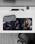 28x12 inches anime girl mouse pad in smoky grays with pale glow, ink-black hair, crimson accents, moody vibe.