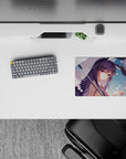 Pastel spring romance mouse pad 14x10 inches in pink sakura rain tones with glossy droplets and soft vibes.
