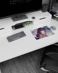 Violet-haired anime girl under umbrella in soft rain, bunny ears peeking, mouse pad 14x10 inches.
