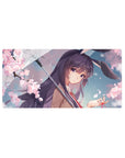 32x16 inches anime girl mouse pad with sakura rain scene, glossy umbrella, violet hair, and bunny ears.