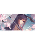Anime girl desk pad 36x16 inches with sakura rain scene, glossy umbrella, violet hair, and bunny ears.