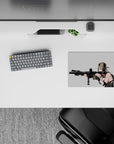 Silver-haired anime girl mouse pad 14x10 inches, soft blush tones with dark gear contrast, calm focused vibe.