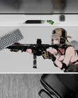 40x20 inches anime girl mouse pad in soft silver and warm blush tones, calm focused vibe, dark gear contrast.