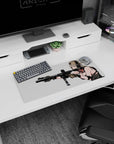 28x12 inches anime girl mouse pad showing calm-focused girl in cap and headset aiming a black rifle, gloved hands.