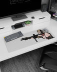Anime girl aiming black rifle mouse pad 32x12 inches, tan hat, tactical gloves and straps, steady stare.