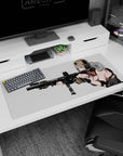 36x16 inches extended mouse pad showing a calm anime girl aiming a sleek black rifle, headset on.