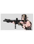 Anime girl mouse pad 32x16 inches with tan cap, chunky headset, and sleek black rifle on pale background.