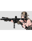 40x20 inches anime girl desk pad with tan cap, chunky headset, black rifle, clean pale background.