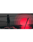 36x16 inches anime desk pad with minimalist Sasuke silhouette by a crimson sun over rippled water.