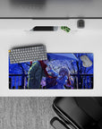 28x12 inches anime mouse pad in deep midnight blues, soft gradients, cozy romantic winter mood.
