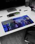 32x16 inches anime mouse pad showing blonde girl smiling at boy in long coat, sharing one umbrella in snow.