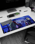 36x16 inches anime desk pad of two lovers sharing one umbrella in snowfall, blonde girl smiling, boy in coat.