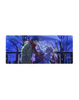 28x12 inches anime mouse pad with couple under umbrella in snowy city night, red scarf focal point.