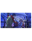 32x16 inches anime mouse pad with couple under umbrella in snowy city night, red scarf focal point.