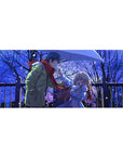 36x16 inches anime desk pad with winter couple under umbrella, city night backdrop, red scarf detail.