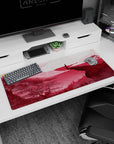 Artistic 36x16 inches mouse pad showcasing a lone samurai and crimson tones for an inspiring and focused atmosphere.