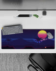 Intense 32x12 desk mat features neon sun and palm trees with intricate hill and stripe details for fans