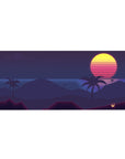 Midnight Tropic Glow desk mat 36x16 with neon sun and palm trees for immersive tropical-inspired decor
