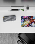 Neon pink beam slashes over icy blues on a 14x10 inches anime mouse pad, gold flares and stardust.